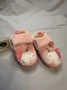 Kids' Pink Unicorn Plush Slippers with Hook-and-Loop Strap